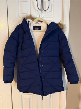 Eddie Bauer Navy Quilted Girls' Puffer Parka Coat with Faux Fur Hood